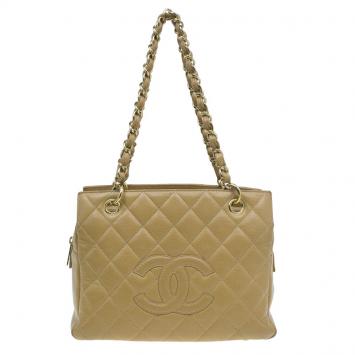 Pre Owned Chanel Beige Quilted Caviar Leather Petite Timeless Shopper Tote
