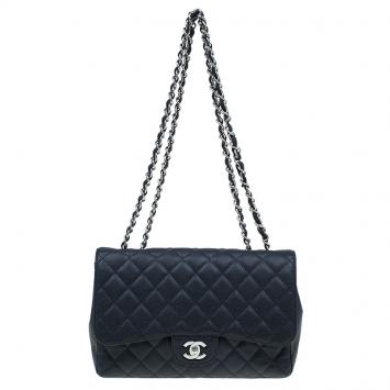 Pre Owned Chanel Black Quilted Caviar Leather Jumbo Classic Single Flap Bag