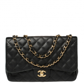 Pre Owned Chanel Black Quilted Caviar Leather Jumbo Classic Single Flap Bag