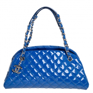 Pre Owned Chanel Blue Quilted Patent Medium Just Mademoiselle Bowling Bag