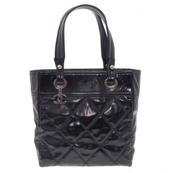 Pre Owned Chanel Black Quilted Patent Leather Petite Paris Biarritz Shopping Tote Bag