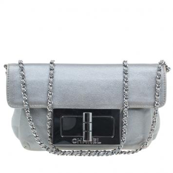 Pre Owned Chanel Silver Leather Mademoiselle Lock Evening Flap Bag