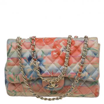 Pre Owned Chanel Floral Print Leather Jumbo Classic Single Flap Bag