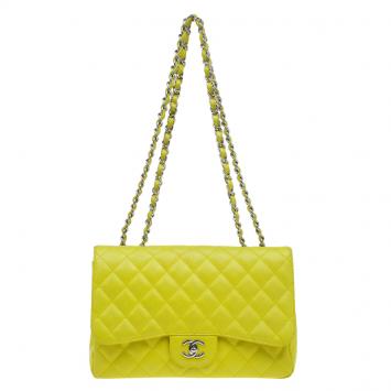 Pre Owned Chanel Yellow Quilted Caviar Leather Jumbo Classic Single Flap Bag