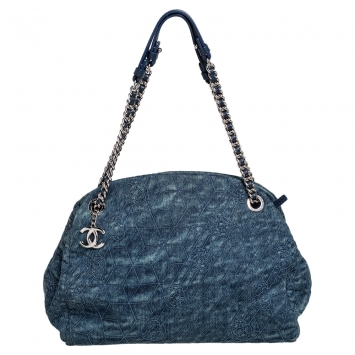 Pre Owned Chanel Blue Camellia Embroidered Denim and Leather Large Just Mademoiselle Bowler Bag