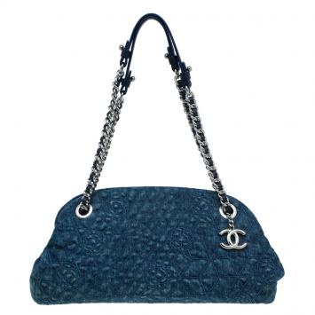 Pre Owned Chanel Blue Denim Camellia Embroidered Just Mademoiselle Bowling Bag