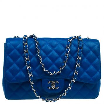 Pre Owned Chanel Blue Quilted Caviar Leather Jumbo Classic Single Flap Bag