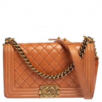 Pre Owned Chanel Peach Quilted Leather Medium Boy Bag