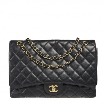 Pre Owned Chanel Black Quilted Caviar Leather Maxi Classic Single Flap Bag
