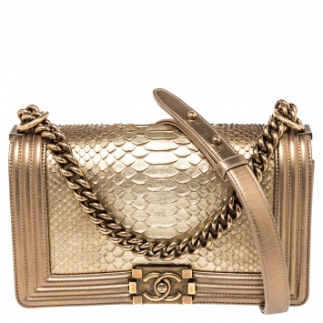 Pre Owned Chanel Metallic Gold Python and Leather Medium Boy Flap Bag