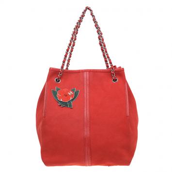Pre Owned Chanel Red Caviar Leather Camellia Drawstring Bag with Pouch