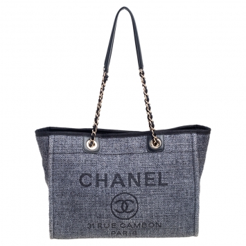 Pre Owned Chanel Dark Grey Straw Medium Deauville Shopper Tote