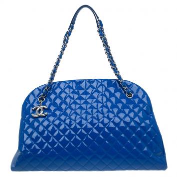 Pre Owned Chanel Blue Patent Leather Large Just Mademoiselle Bowling Bag