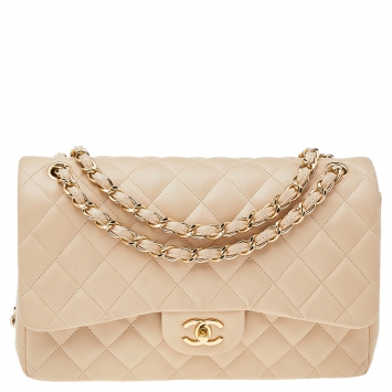 Pre Owned Chanel Beige Quilted Leather Jumbo Classic Single Flap Bag