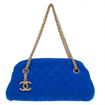Pre Owned Chanel Blue Quilted Jersey Small Just Mademoiselle Bowler Bag