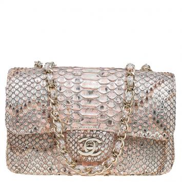 Pre Owned Chanel Gold/Pink Python New Mini Classic Single Flap Bag