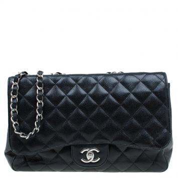 Pre Owned Chanel Black Quilted Caviar Leather Jumbo Classic Single Flap Bag