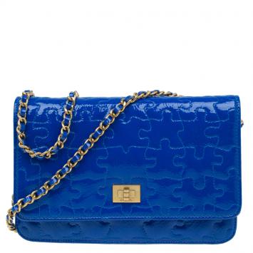 Pre Owned Chanel Blue Patent Leather Reissue Puzzle WOC Shoulder Bag