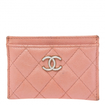 Pre Owned Chanel Pink Iridescent Quilted Caviar Leather CC Card Holder