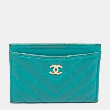 Pre Owned Chanel Teal Chevron Leather CC Card Holder