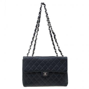 Pre Owned Chanel Black Quilted Caviar Leather Jumbo Classic Single Flap Bag