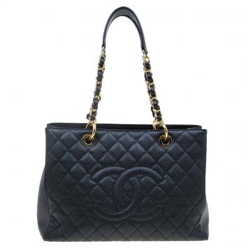 Pre Owned Chanel Black Quilted Caviar Leather Grand Shopping Tote