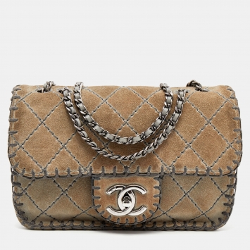 Pre Owned Chanel Grey Quilted Suede Whipstitch Small Flap Bag