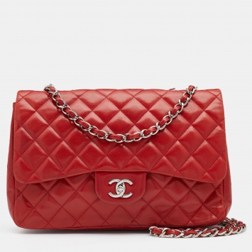 Pre Owned Chanel Red Quilted Leather Jumbo Classic Single Flap Bag