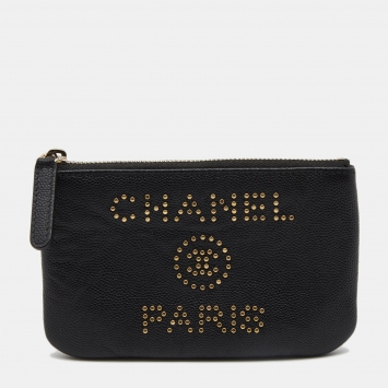 Pre Owned Chanel Black Caviar Leather Deauville Studded Zip Case
