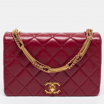 Pre Owned Chanel Burgundy Quilted Lambskin Leather Flap Bag