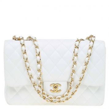 Pre Owned Chanel White Quilted Caviar Leather Jumbo Classic Single Flap Bag