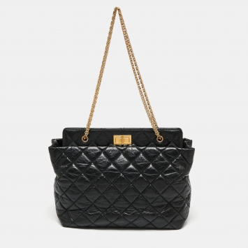 Pre Owned Chanel Black Quilted Crinkled Leather Reissue 2.55 Grand Shopping Bag