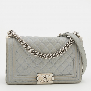 Pre Owned Chanel Grey Quilted Nubuck Leather Medium Boy Bag