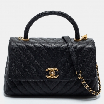 Pre Owned Chanel Black Caviar Leather Medium Coco Top Handle Bag