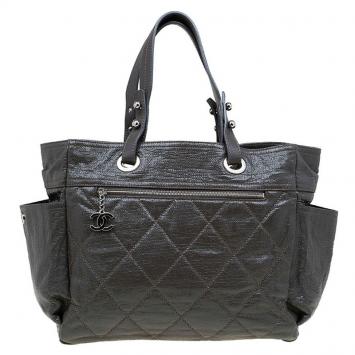 Pre Owned Chanel Grey Quilted Glazed Leather Large Paris Biarritz Tote