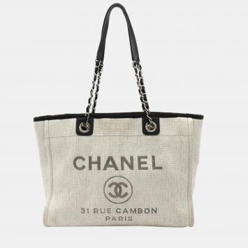 Pre Owned Chanel Black/Grey Canvas Leather Medium Deauville Tote Bag 