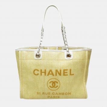 Pre Owned Chanel Yellow Raffia Deauville Shopping Tote Bag
