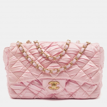 Pre Owned Chanel Pink Quilted Satin Flap Shoulder Bag