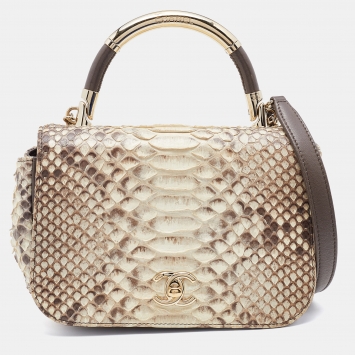 Pre Owned Chanel Cream/Brown Python Leather CC Carry Chic Flap Bag