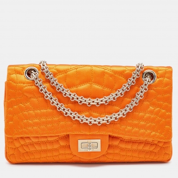 Pre Owned Chanel Orange Crocodile Quilted Satin 2.55 Reissue Classic 225 Flap Bag