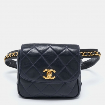 Pre Owned Chanel Dark Blue Quilted Leather Vintage Chain Waist Belt Bag