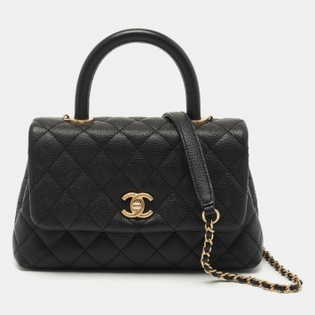 Pre Owned Chanel Black Quilted Caviar Leather Small Coco Top Handle Bag