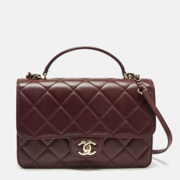 Pre Owned Chanel Burgundy Quilted Leather Classic Flap Top Handle Bag