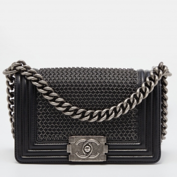 Pre Owned Chanel Black Leather Small Chainmail Boy Flap Bag