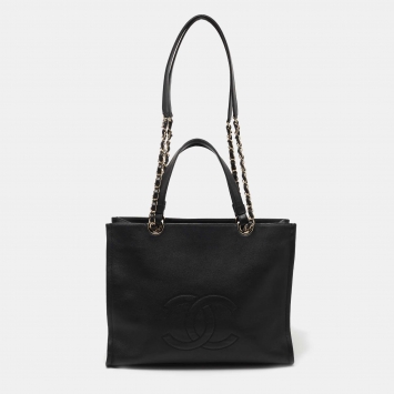Pre Owned Chanel Black Leather CC Top Zip Shopper Tote