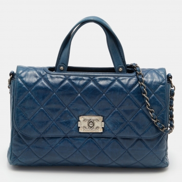 Pre Owned  Chanel Blue Quilted Glazed Leather Large Convertible Boy Bag