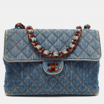 Pre Owned Chanel Blue Quilted Denim Classic Flap Bag