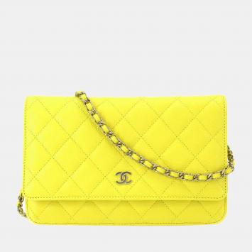 Pre Owned Chanel Yellow Caviar Leather CC Flap Wallet On Chain Bag