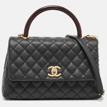 Pre Owned Chanel Black Quilted Caviar Leather and Lizard Embossed Small Coco Top Handle Bag