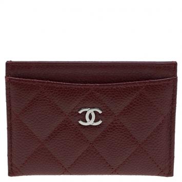 Pre Owned Chanel Burgundy Quilted Caviar Leather Classic Card Holder